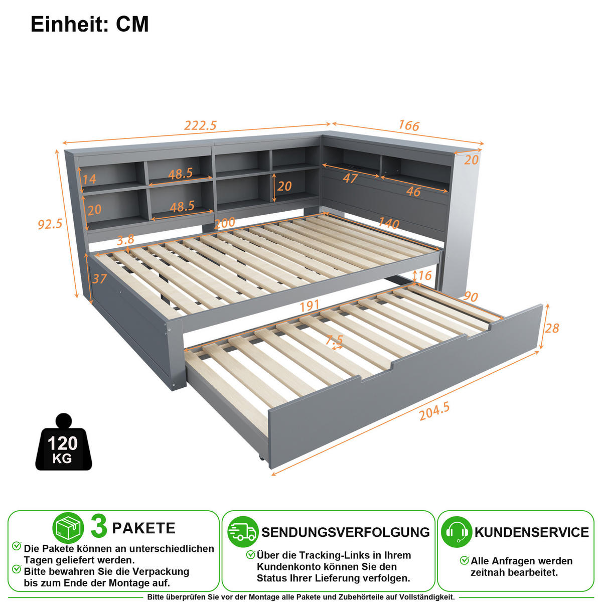 SCHLAFSOFA 140/200 cm & 90/190 cm in Grau mit Ausziehbett, USB und Stauraum - Grau, Holz/Holzwerkstoff (140/200cm) - CHICFURN