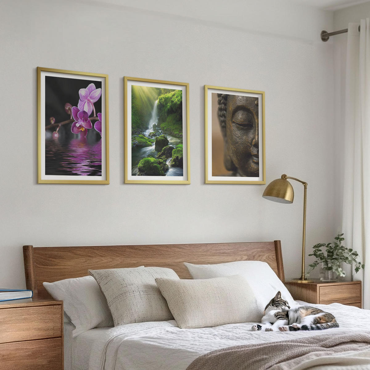 WANDBILDER 3er Set - 40x60 cm Goldrahmen - Blumen, Wasserfall, Buddha-Felsen, Zen - Goldfarben, Kunststoff (40/60cm) - ArtPrintCave