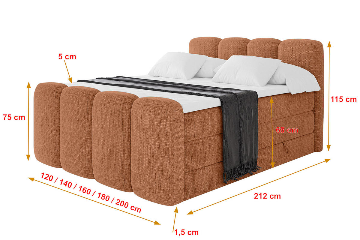 BOXBETT mit Matratze H3|H4 und Lattenrost - NINA-Z KING - 200x200 cm - Apricot - Orange, Holzwerkstoff (200/200cm)