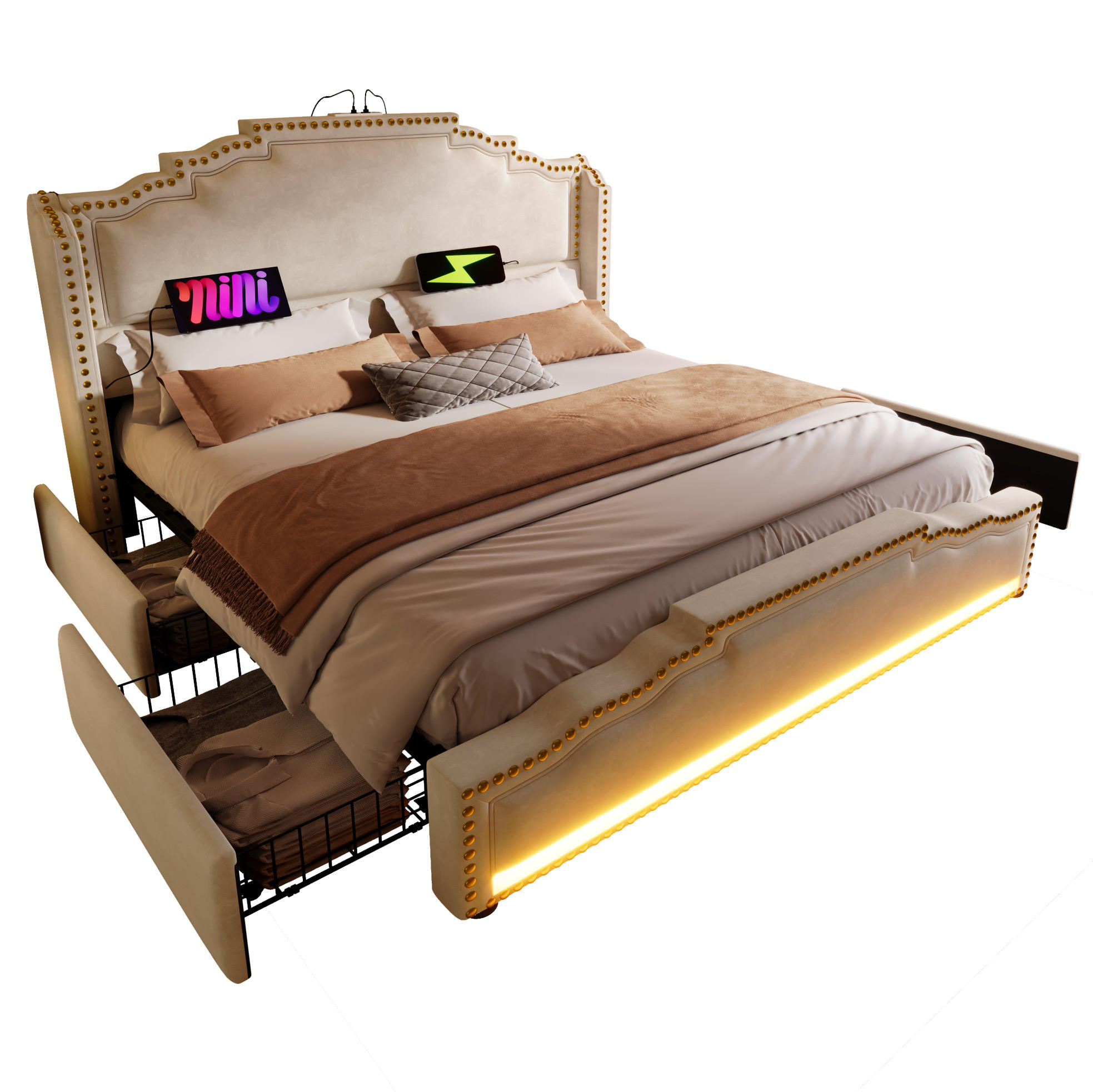 ČALÚNENÁ posteľ 140/200 cm, zamatová, béžová, s LED osvetlením, USB-C a úložnými zásuvkami - béžová, textil (140/200cm) - BEAOK