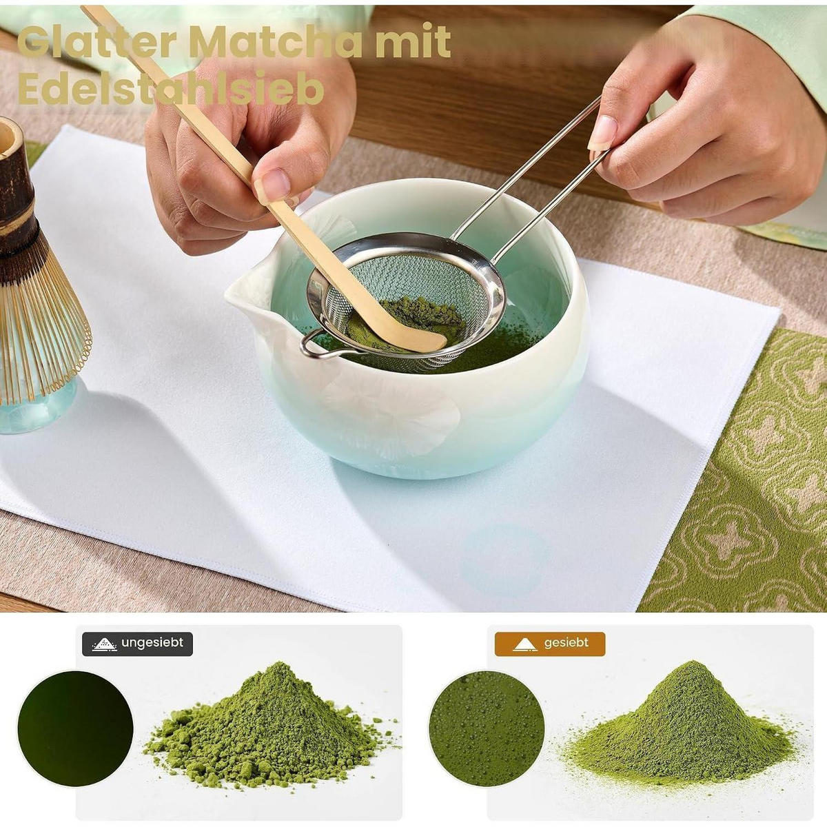 MATCHA Set 9-teilig Blau Kristallglasur Schale Bambusbesen & Halter Becher Eiswürfelform Löffel Sieb Teetuch - Multicolor, Keramik (15/10/20cm)