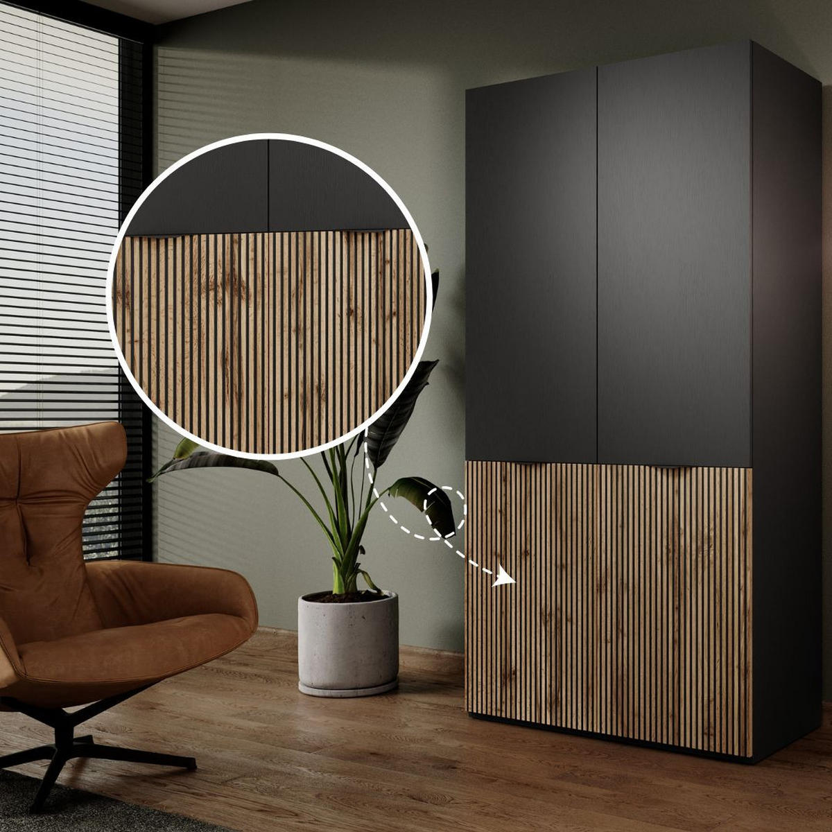 KLEIDERSCHRANK Sandbox Sentino Schwarz, Wotan Eiche, Drehtürenschränk - Eiche Wotan/Schwarz, Holzwerkstoff (101/200/51cm) - Bettso