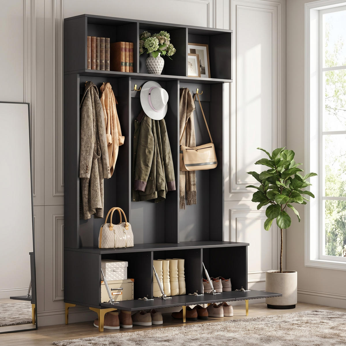 GARDEROBE in Schwarz und Gold, mit Sitzbank und 6 Haken - Schwarz, Holzwerkstoff (120/191/40cm) - Urban Meuble