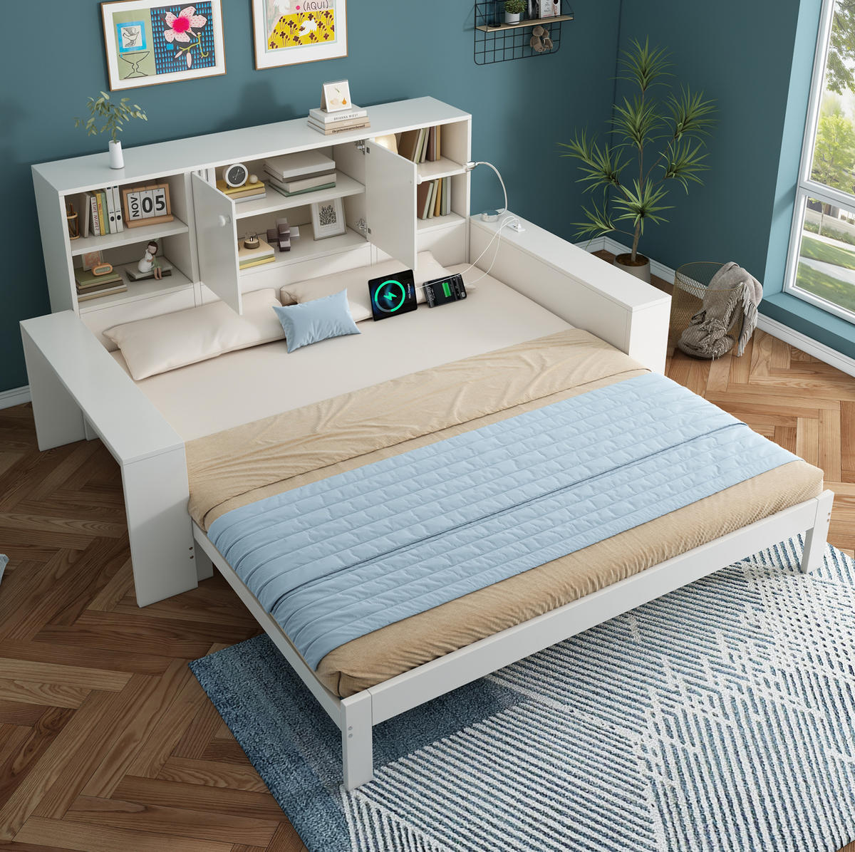 DENNÁ posteľ 90/200 cm biela s výsuvným lôžkom, úložným priestorom a USB portmi z MDF a preglejky - biela, kompozitné drevo (90/200cm) - OKWISH