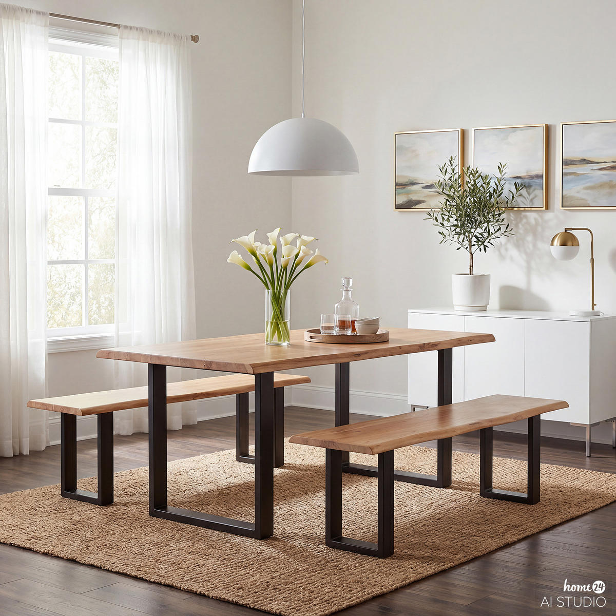SITZBANK - Metall / Massivholz Akazie - Schwarz/Akaziefarben, Holz/Metall (140/45/45cm) - home24