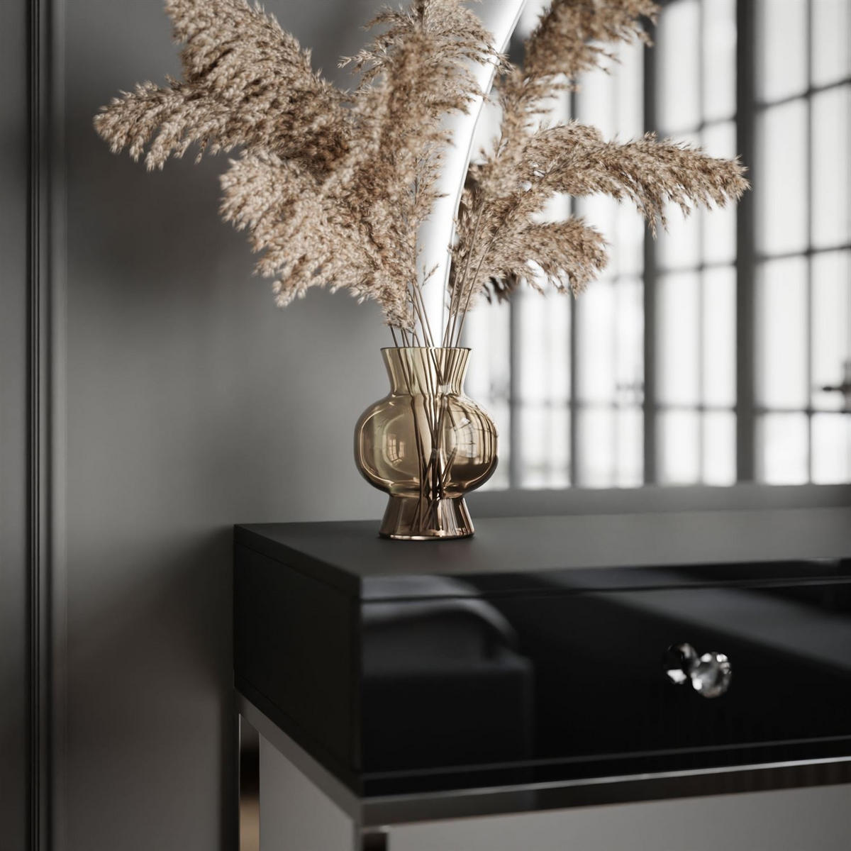 SCHMINKTISCH schwarz QUINNIE GLAMOUR mit LED-Spiegel links Griff Kristall - Silberfarben/Schwarz, Holzwerkstoff (100/176/42cm) - Lookway