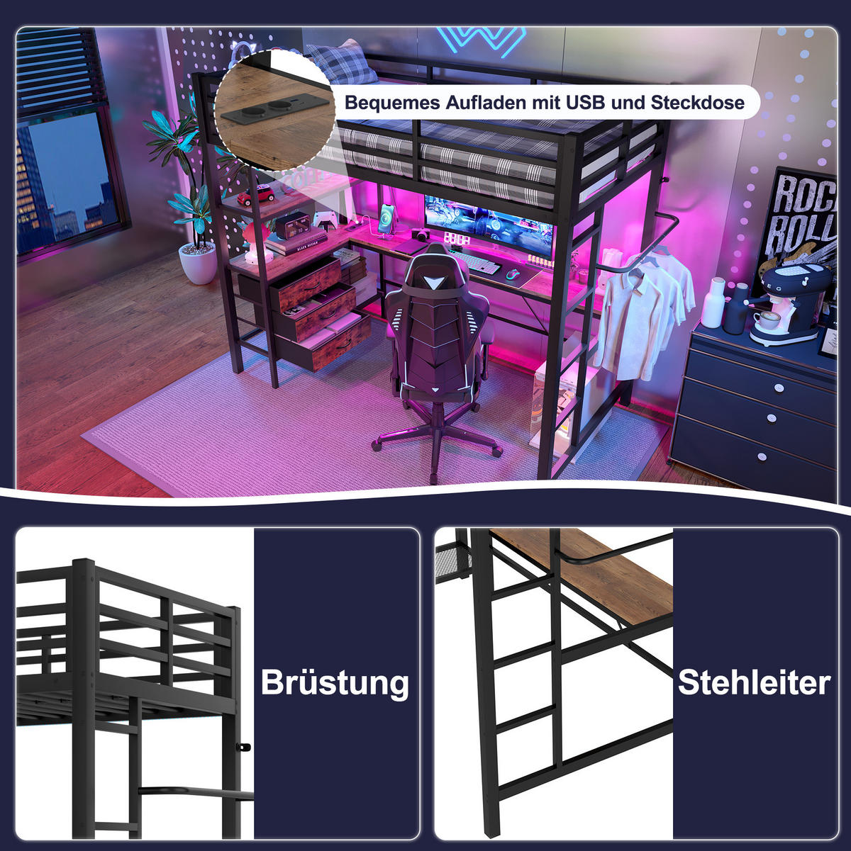HOCHBETT 90/200 cm mit LED-Beleuchtung, Schreibtisch, USB, Steckdose, 3 Schubladen und Regal, Schwarz - Schwarz, Metall (90/200cm) - Redom
