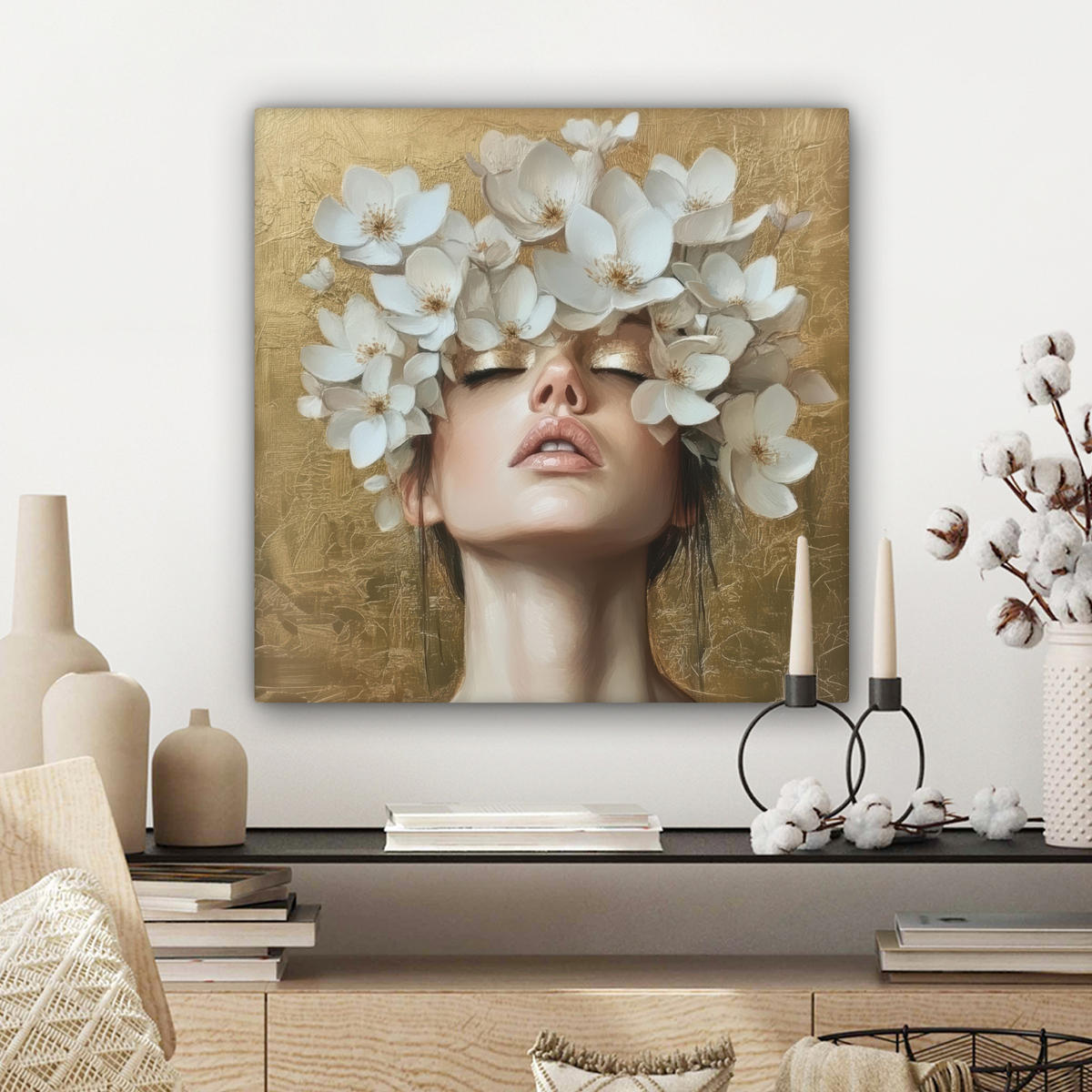 LEINWANDBILD Gesicht - Blumen - Gold - Abstrakt Wandbild Wohnzimmer 50x50 cm - Goldfarben, Textil (50/50cm) - MuchoWow