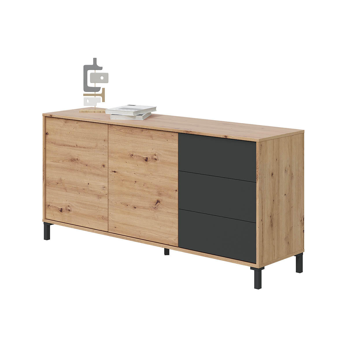 SIDEBOARD mit 2 Türen und 3 Schubladen Brooklyn - L154cm - Eiche Artisan/Grau, Holzwerkstoff (41/74/10.7cm) - Calicosy