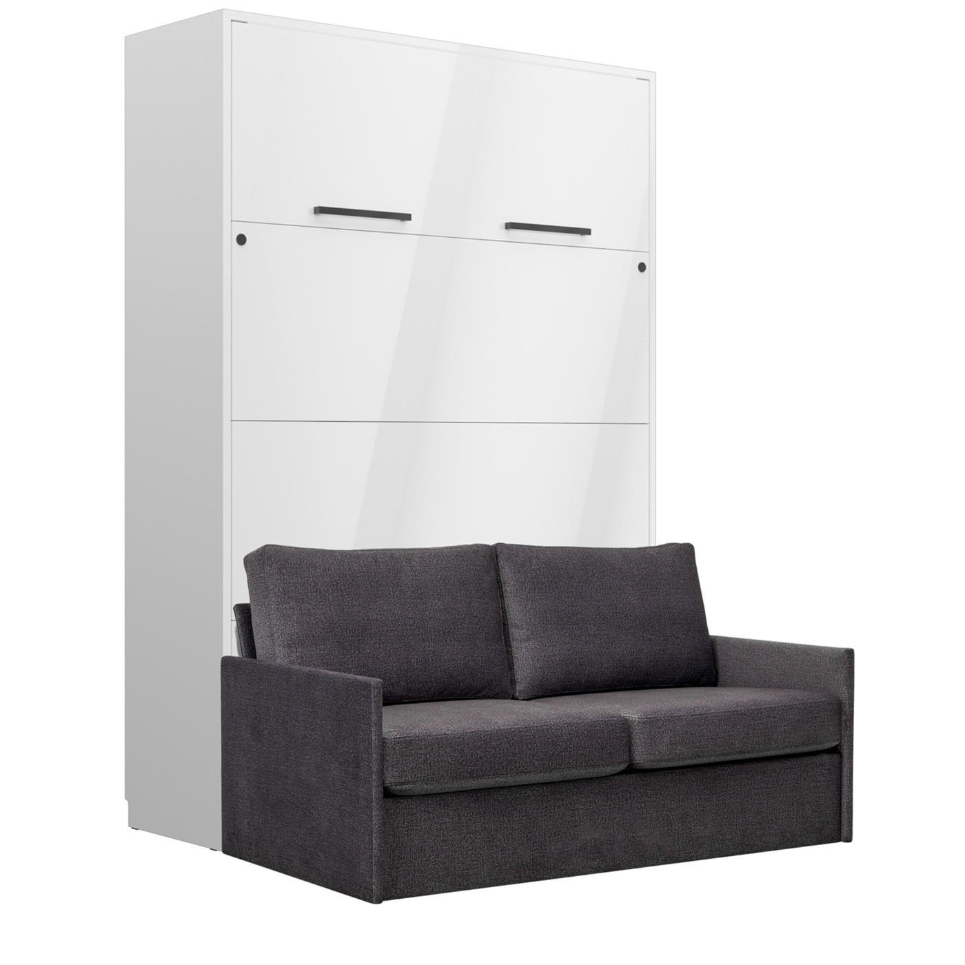 SCHRANKBETT Wandbett GN 140x200 weiß hochglanz mit LED & Sofa - Dunkelgrau - Dunkelgrau/Weiß Hochglanz, Holz/Holzwerkstoff (140/200cm) - QMM TraumMöbel