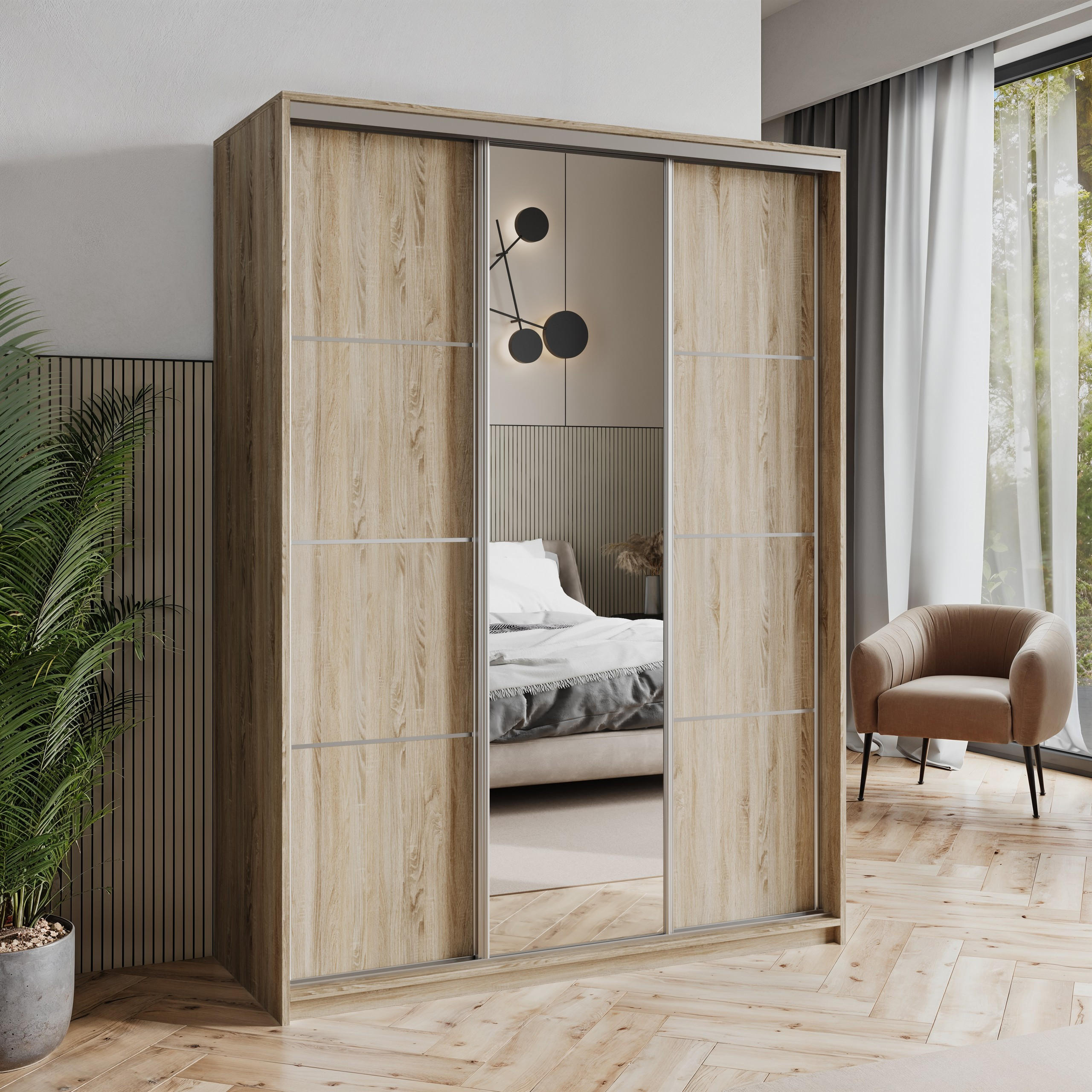 SCHWEBETÜRENSCHRANK VARO 150/205/60 cm 3-türig mit Spiegel Sonoma Eiche - Sonoma Eiche, Holzwerkstoff (150/205/60cm) - MASSENO