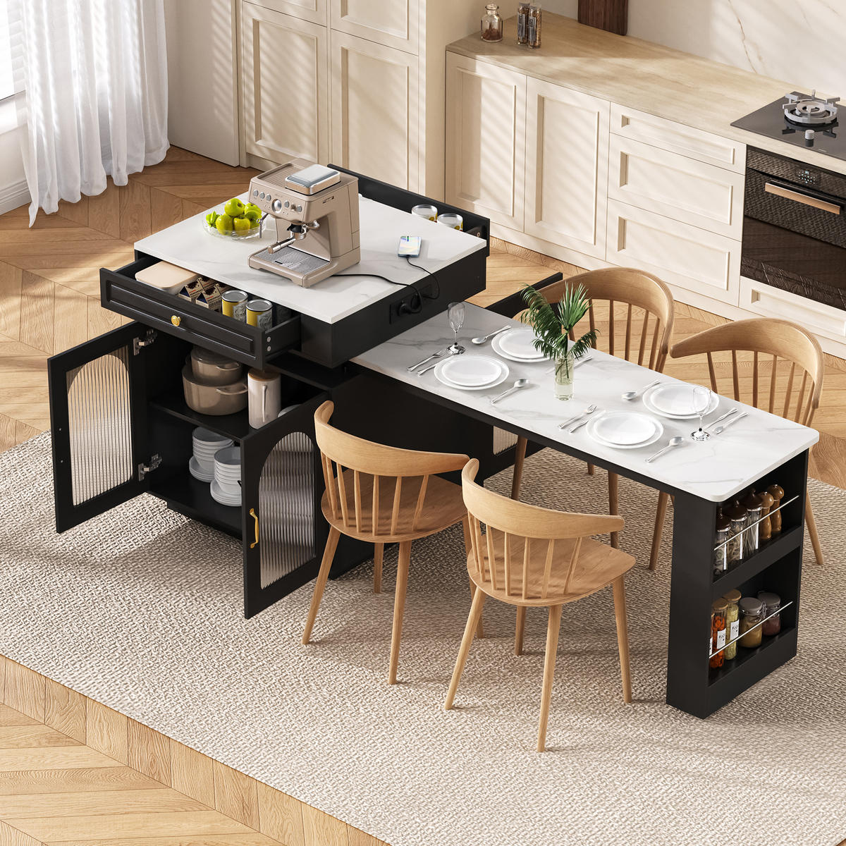 BARTISCH 128–200×71×92 cm aus MDF+Glas mit Riffelglas, LED & USB-Ladestation, schwarz - Schwarz, Holzwerkstoff (200/71/92cm) - Luhomfu