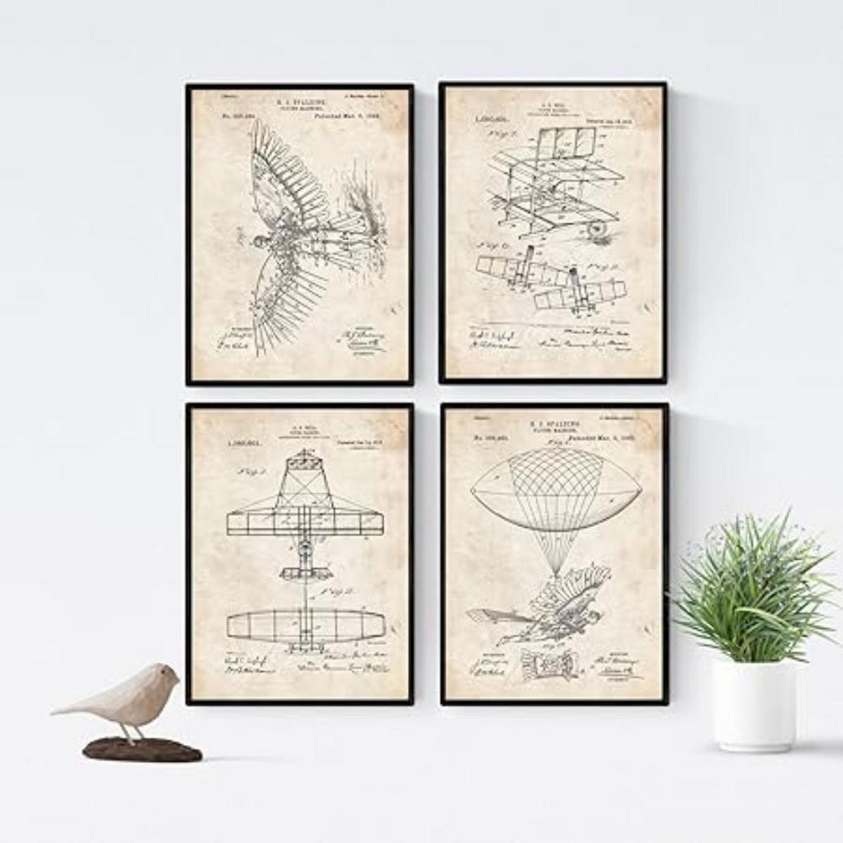 POSTER Set mit 4 Jahrgang Flugzeuge Patent A4 Schwarzer Rahmen - Schwarz, Papier (29.7/3cm) - Nacnic