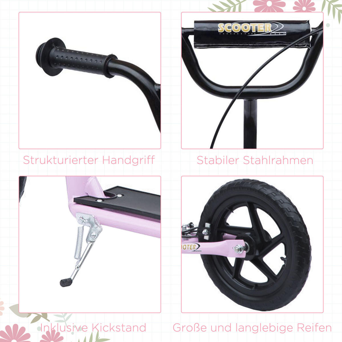 KINDERROLLER, Schwarz/Rosa/Blau/Rot, Stahl+ PVA - Rosa, Metall (120/52/80cm) - HOMCOM