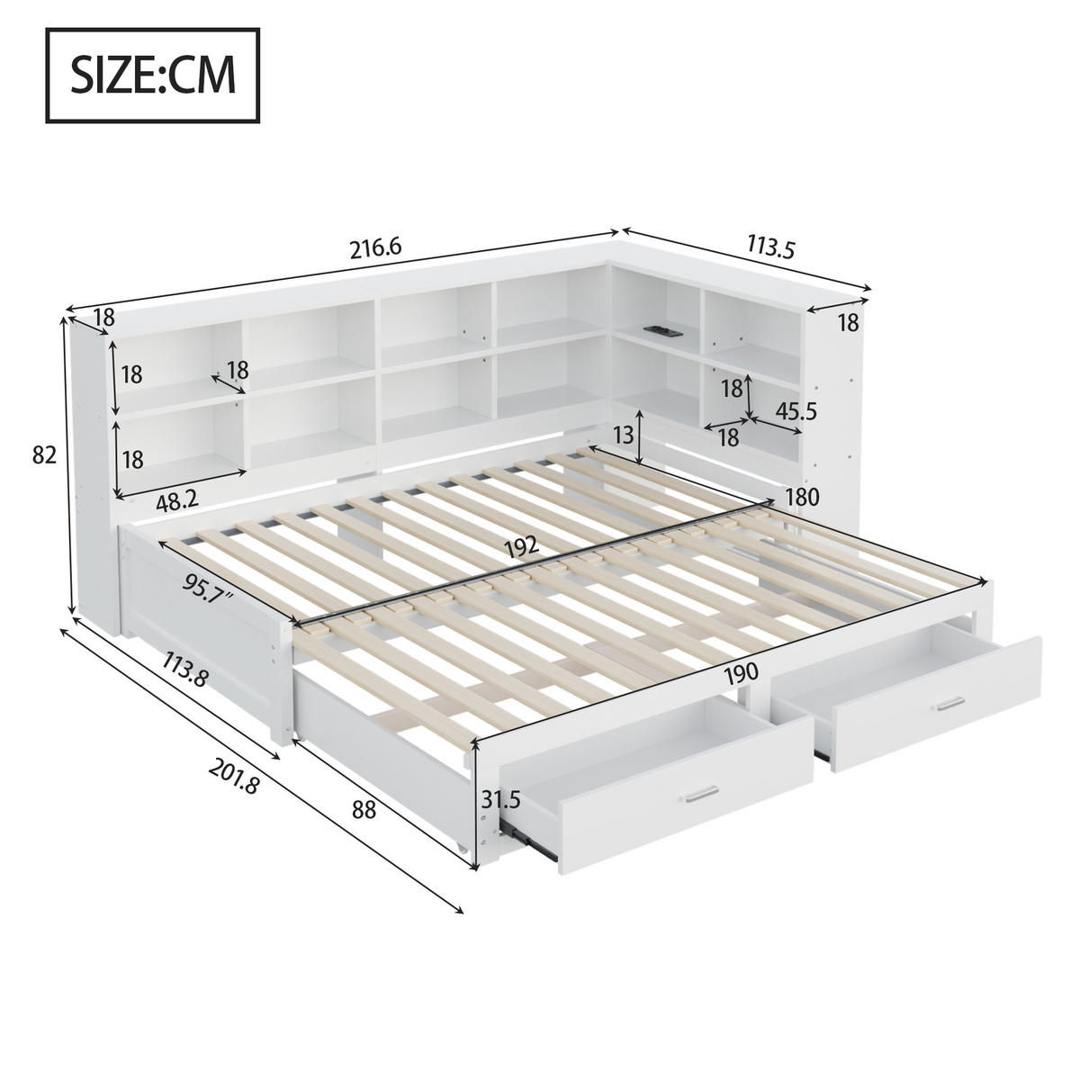 MULTIFUNKTIONSBETT 90/190 cm weiß aus Holz mit Ausziehbett Stauraum Steckdose - Weiß, Holzwerkstoff (90/190cm) - OKWISH