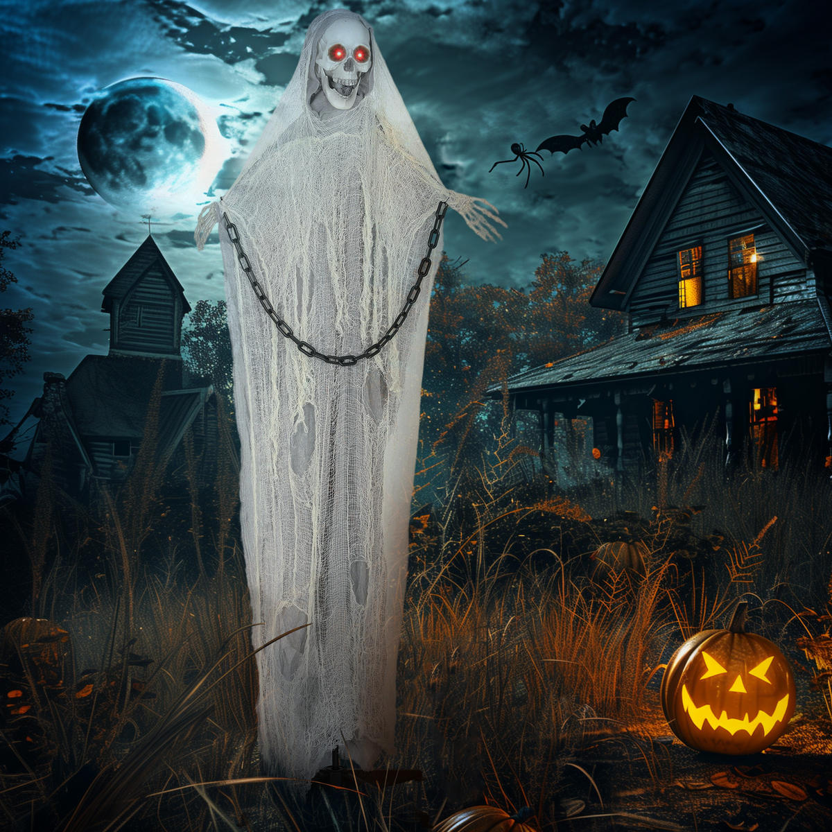 HALLOWEEN-DEKORATION Sensenmann 183 cm mit LED-Lichter, Soundfunktion - Grau, Textil (16/183/70cm) - Outsunny