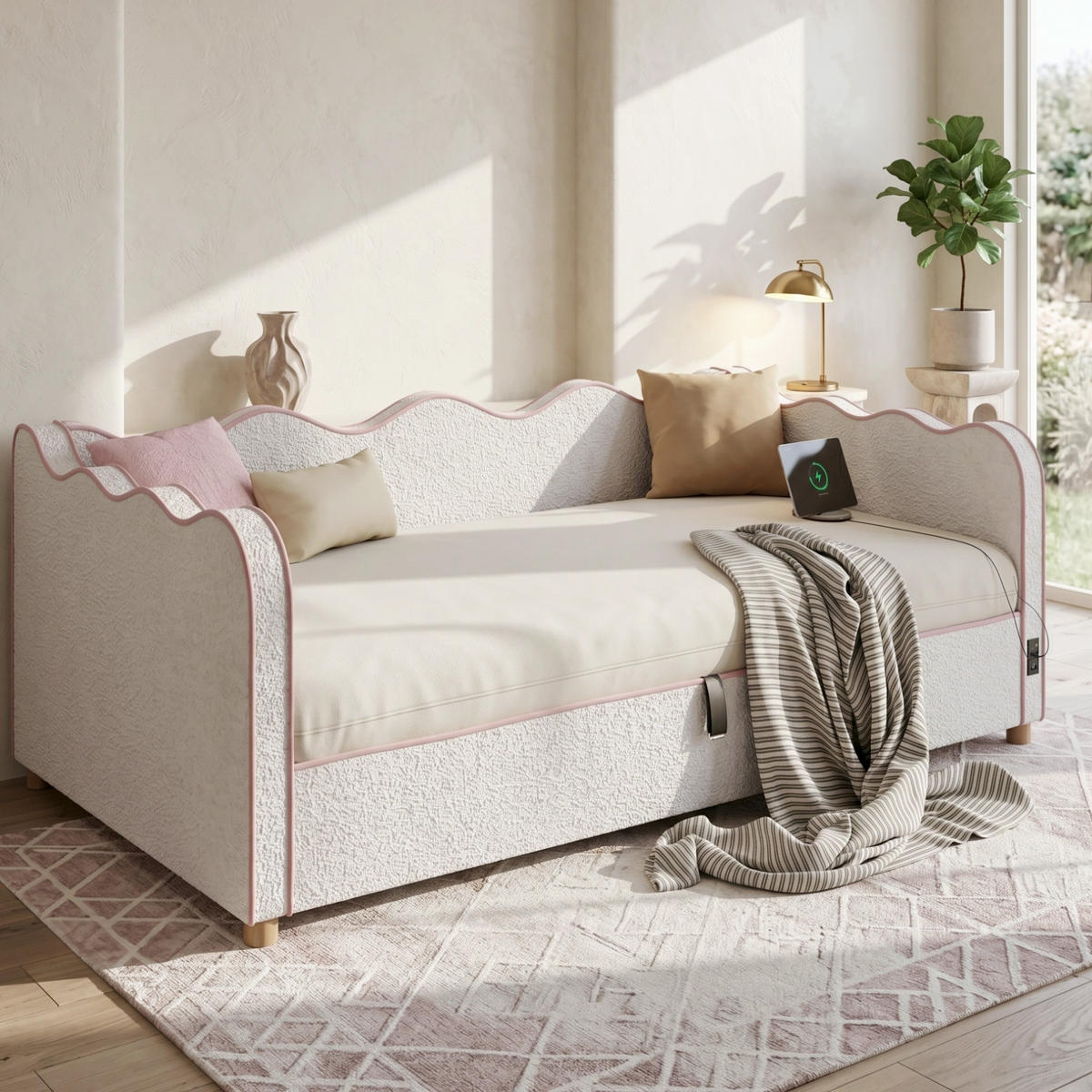 SCHLAFSOFA 90×200 Cm, USB-Anschlüssen & Type-C，Polster-Tagesbett，Bouclé, Beige - Beige, Holz (216/74.5/102.5cm) - FLIEKS