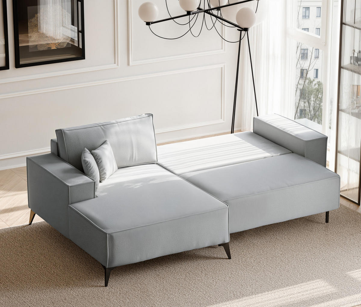 ECKSOFA OTIS Links, mit Schlaffunktion und Bettkasten, Grau - Grau, Textil/Metall (294/185cm) - Idohome