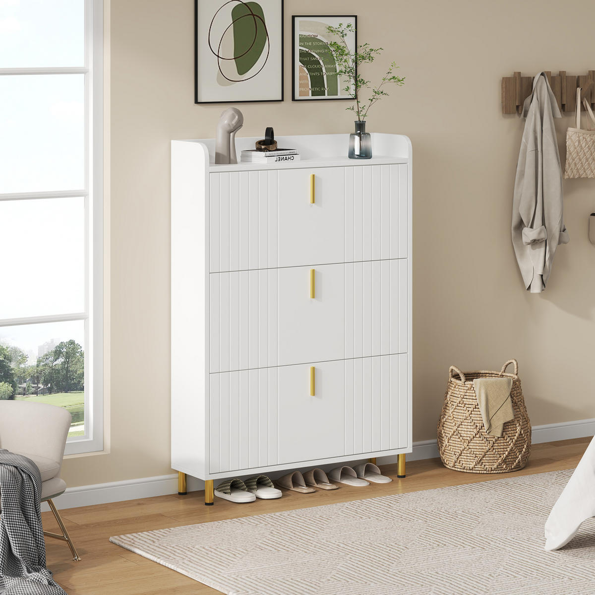 SCHUHSCHRANK 80/23/123,5 cm aus MDF mit 3 Klappen und verstellbaren Einlegeböden, platzsparend, Weiß - Weiß, Holzwerkstoff (80/123.5/23.5cm) - Redom
