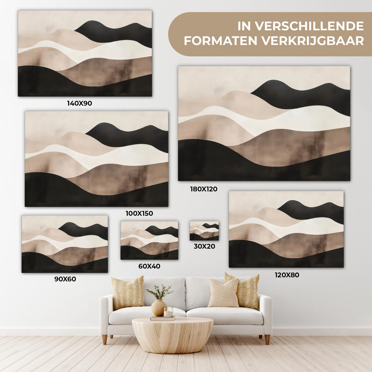 LEINWANDBILD Abstrakt - Landschaft - Wellen - Cremefarben 30x20 cm - Cappuccino, Textil (30/20cm) - MuchoWow