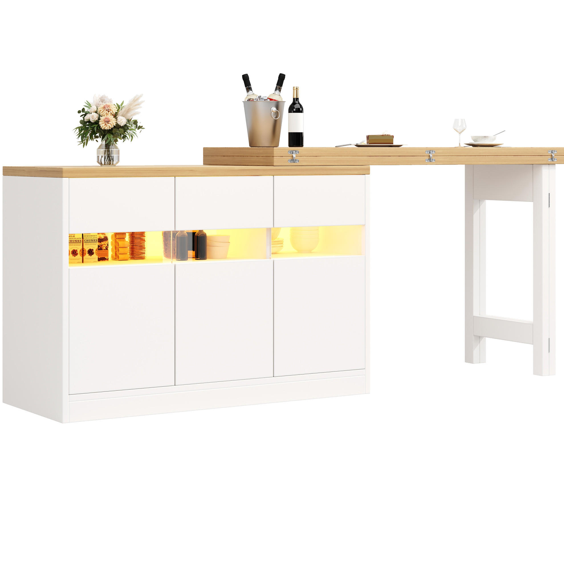 BARTISCH ausziehbar mit LED-Lichtleiste & Stauraum, 120-180/40/71,5 cm, Weiß - Weiß, Holzwerkstoff (40/71.5/107cm) - Redom