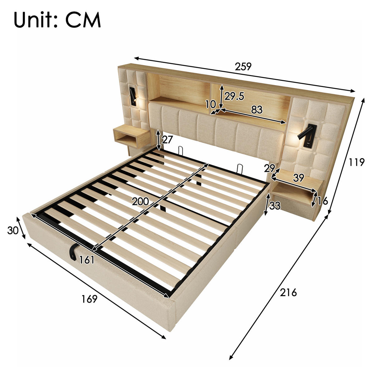 BETT mit Stauraum 160x200 cm Leinen Beige mit Nachttischen - Beige, Metall (160/200cm) - Meubliv