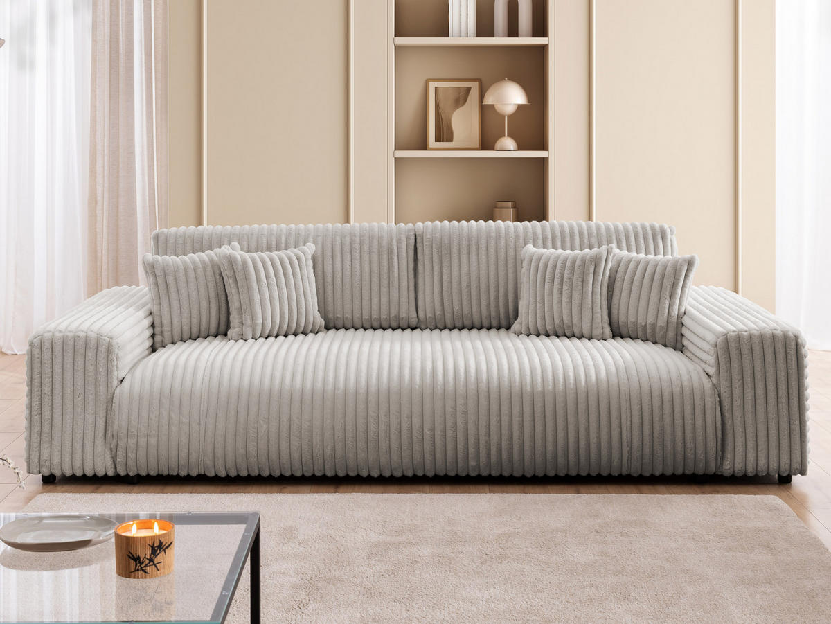 BIGSOFA Mollis Hellgrau Plüschcord mit Schlaffunktion - Hellgrau/Schwarz, Holz/Kunststoff (260/77/124cm) - S-Style Möbel