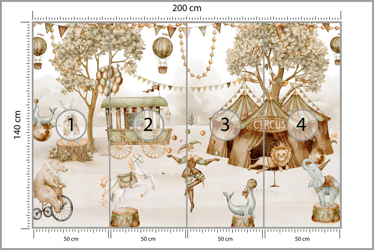 FOTOTAPETE für Kinderzimmer Zirkus Zelt Tiere Ballons Aquarell Bäume 200x140 - Ecru/Beige, Papier (200/140cm) - Muralo