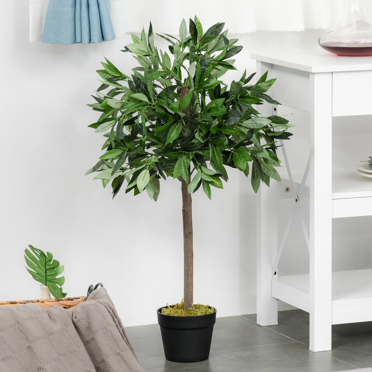 2ER-SET Künstlicher Lorbeerbaum 90 cm Kunstpflanzen im Zementtopf, Zimmerpflanze - Schwarz/Braun, Kunststoff (90cm) - Outsunny