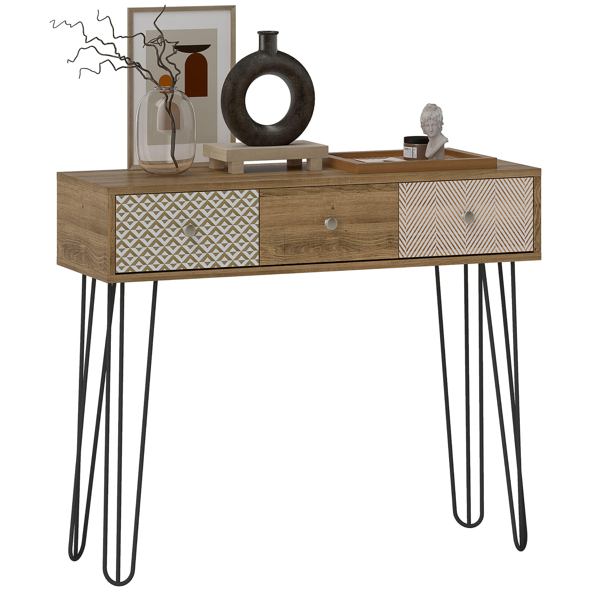 KONSOLENTISCH DE-16776 3 Schubladen, Haarspangenbeine, 90 cm Braun - Braun, Holzwerkstoff (90/30/75cm) - ComfortXL