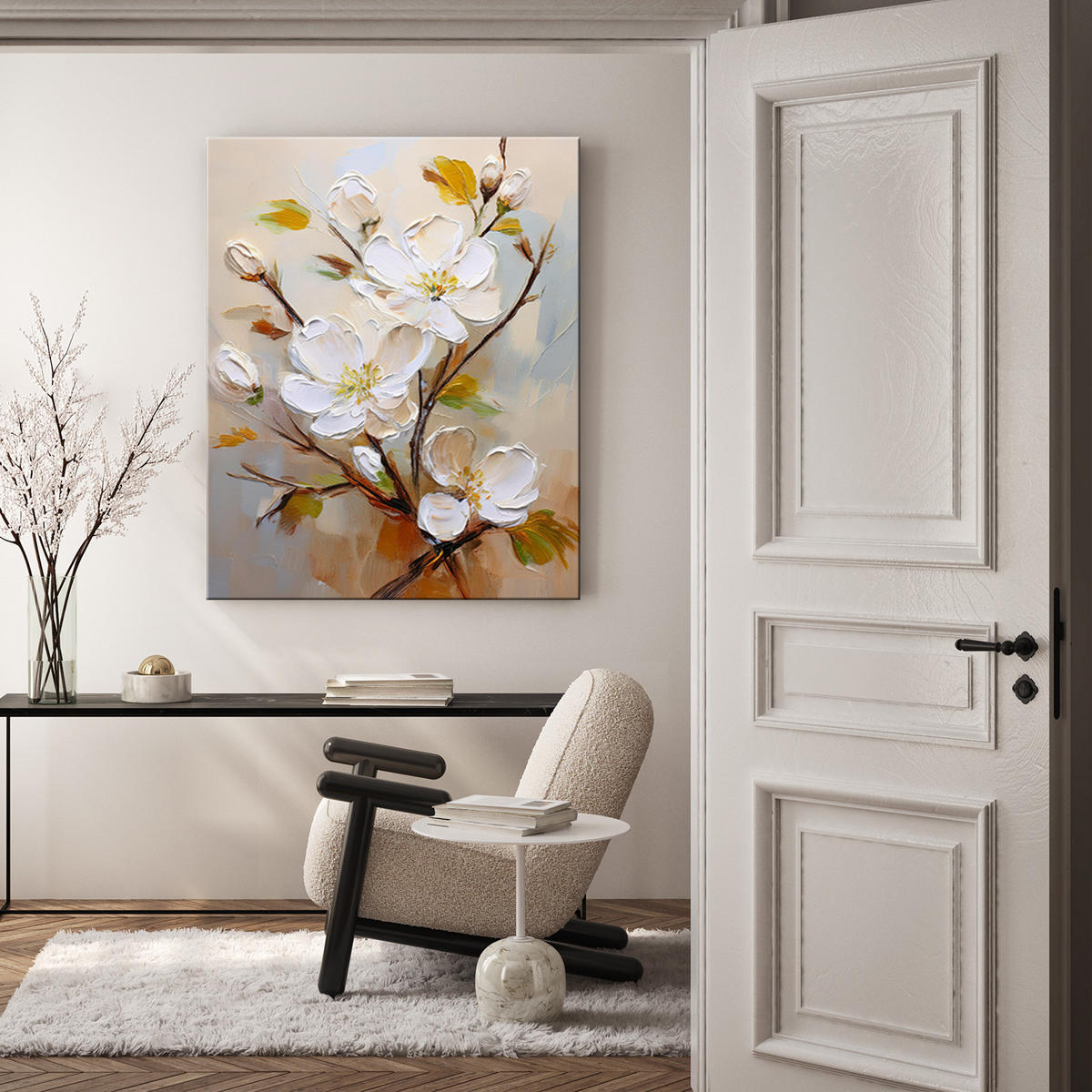 WANDBILD weiß gemalte blumen - Weiß, Textil (40/60cm) - Feeby