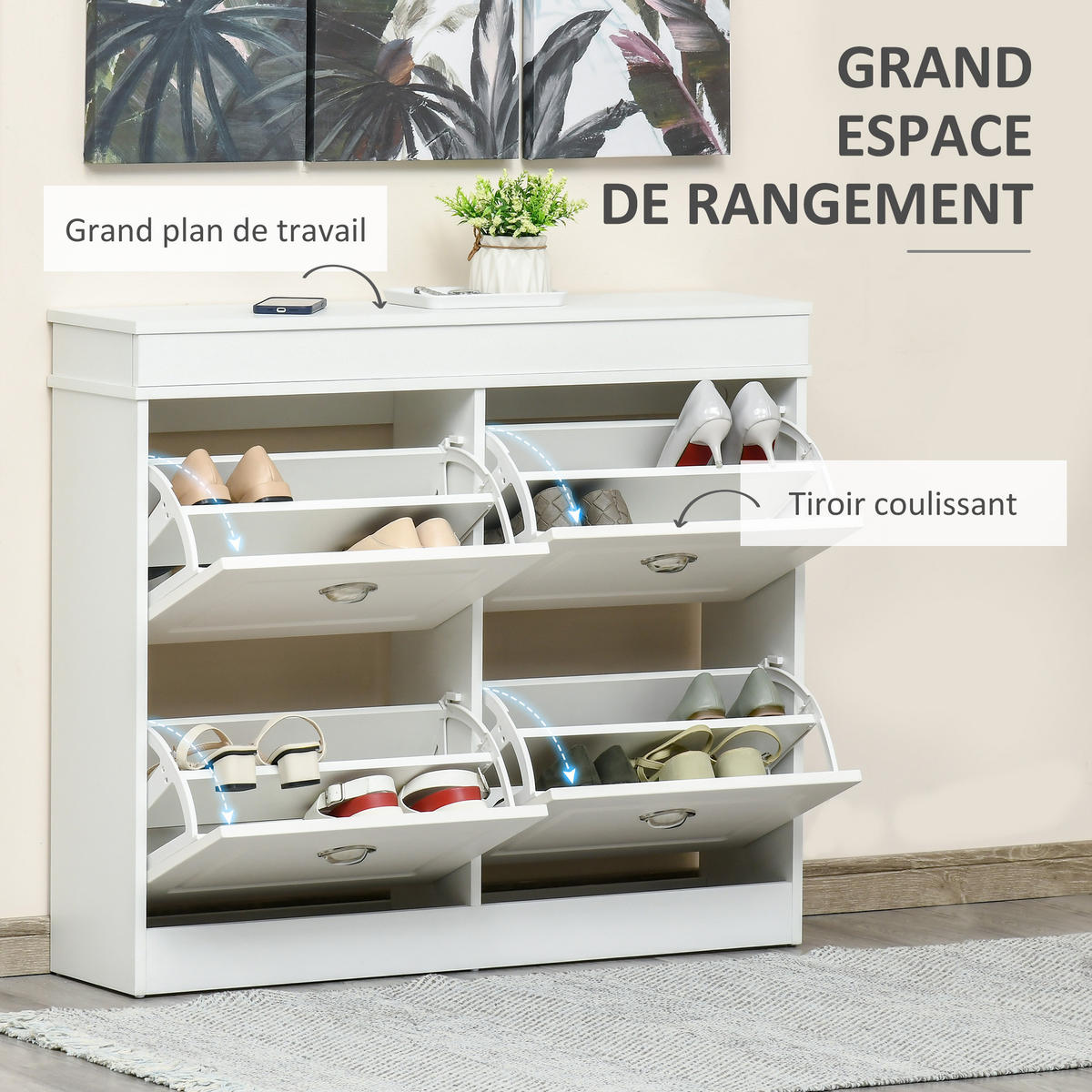 SCHUHSCHRANK DE-14980 4 Klapptüren mit Doppelfächern Weiß - Weiß, Holzwerkstoff (98/83/24cm) - ComfortXL