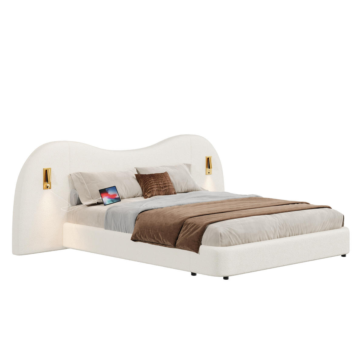 POLSTERBETT 180/200 cm weiß aus Bouclé mit hydraulischem Stauraum - Weiß, Textil (180/200cm) - OKWISH