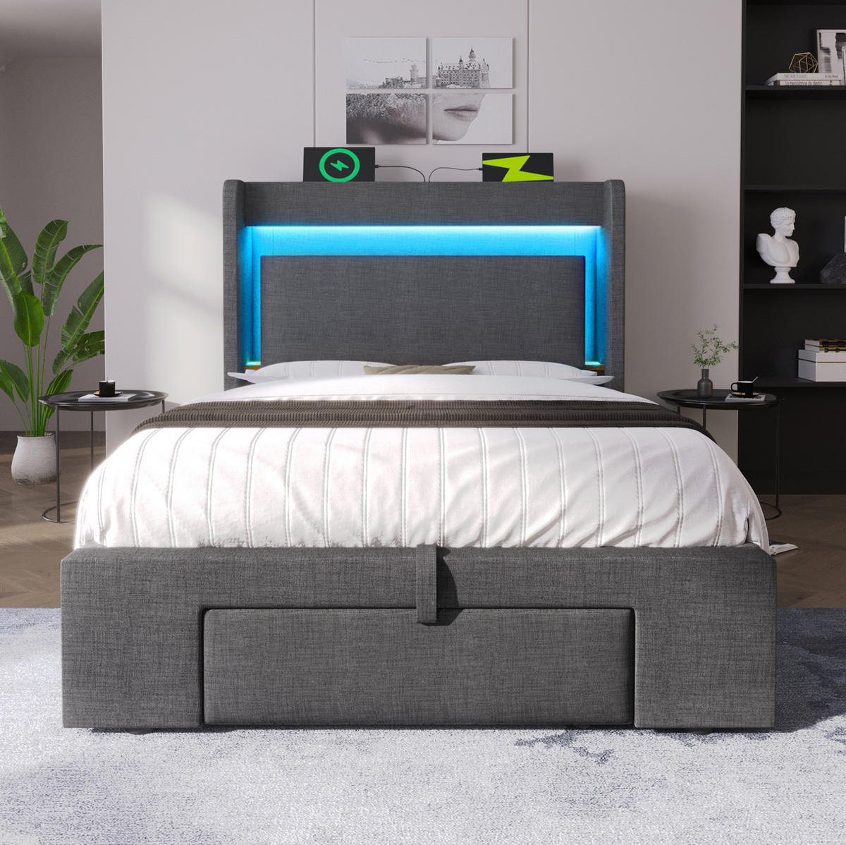 ČALOUNĚNÁ postel 90/200 cm s matrací, hydraulickým úložným prostorem, LED a USB, šedá - šedá, textil (90/200cm) - BEAOK
