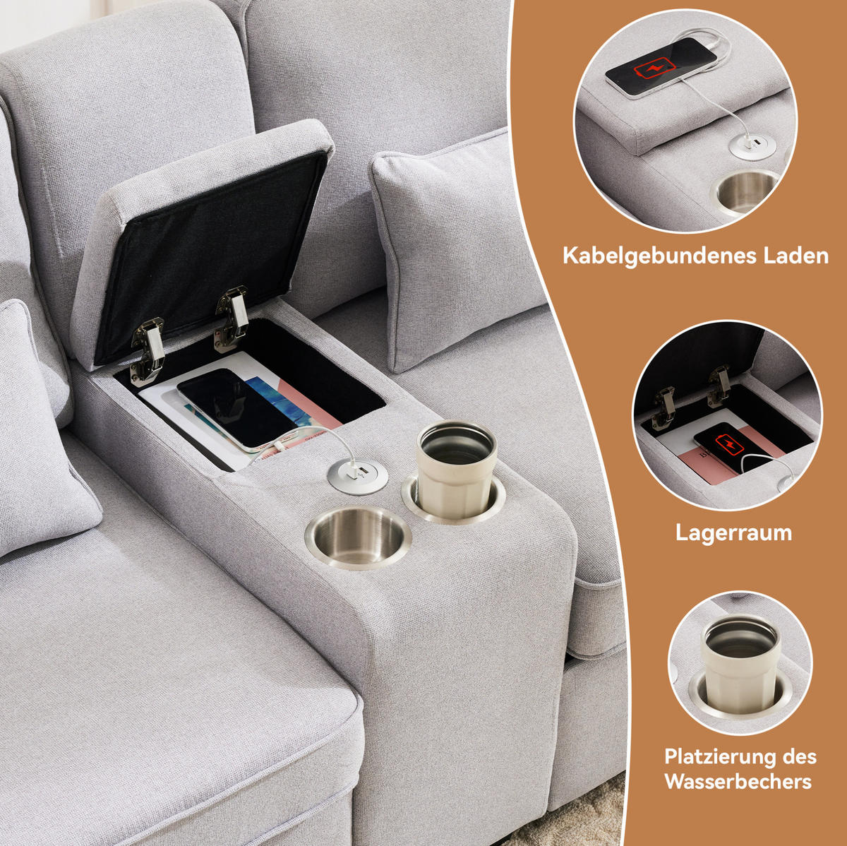 4-SITZER Sofa 290/88/83 cm Grau aus Leinen mit USB-Anschluss und Getränkehaltern - Hellgrau, Textil (83/88/290cm) - OKMYHOME