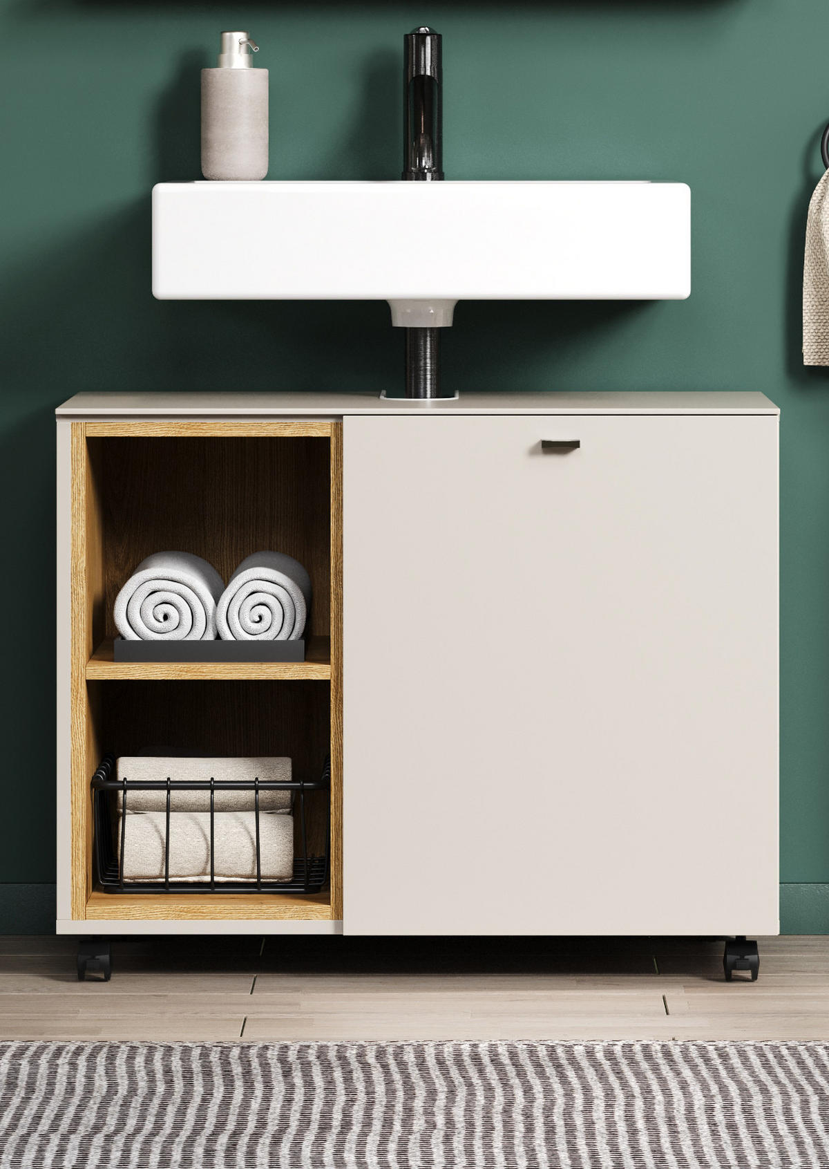 WASCHBECKENUNTERSCHRANK Sand, Evoke Eiche 80 cm, Badschrank auf Rollen, Soft-Close - Sandfarben/Kaschmir, Holzwerkstoff/Metall (80/64/42cm) - Top.Furn