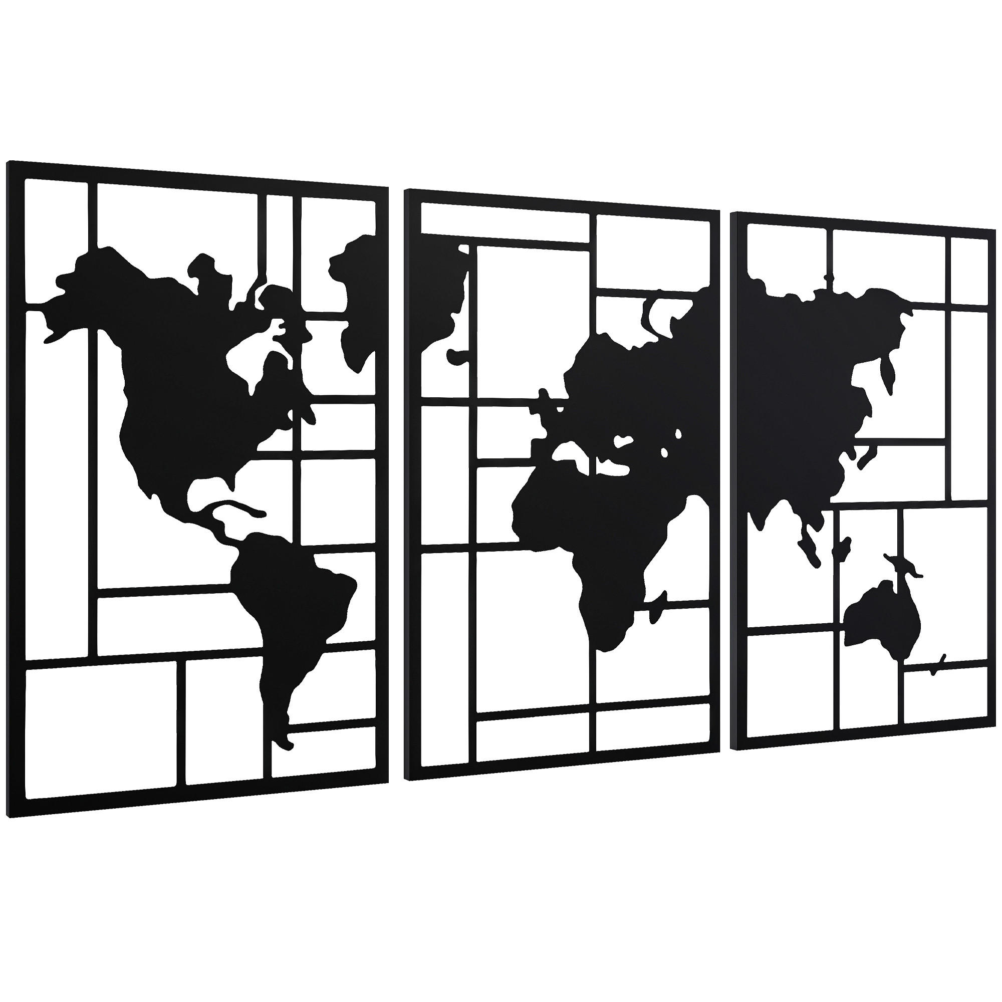 WANDDEKO-SET DE-08852 Weltkarte, 3-teilig, Metall Schwarz - Schwarz, Metall (1.9/80/150cm) - ComfortXL