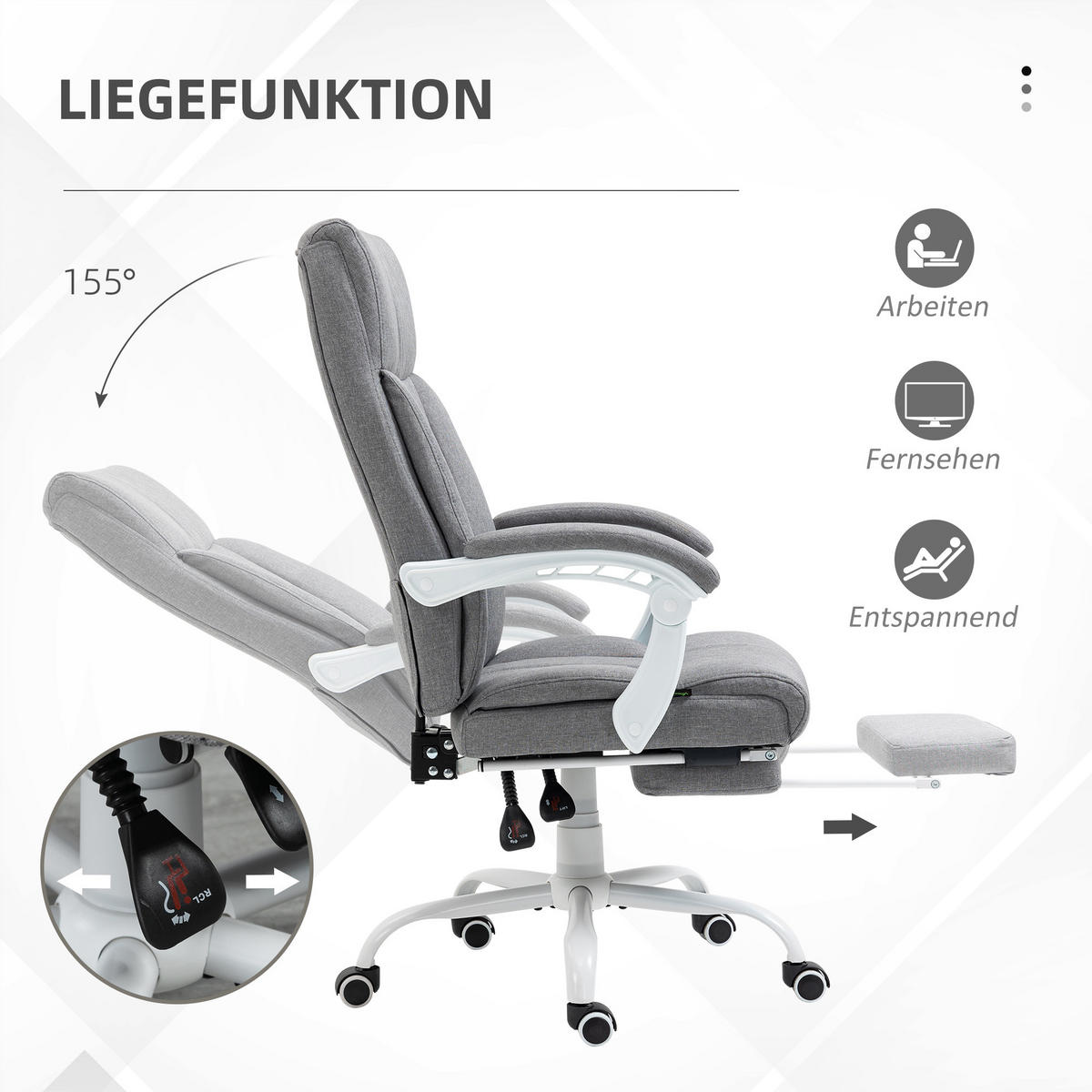 BÜROSTUHL, Ergonomischer Schreibtischstuhl mit Liegefunktion, Fußstütze Grau - Grau, Kunststoff (74/119/65cm) - Vinsetto