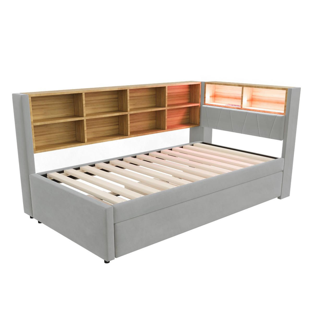 AUSZIEHBETT 90/200 cm LED-Beleuchtung und multifunktionalen Ladeanschlüssen Flanell Hellgrau - Hellgrau, Textil (90/200cm) - OKWISH