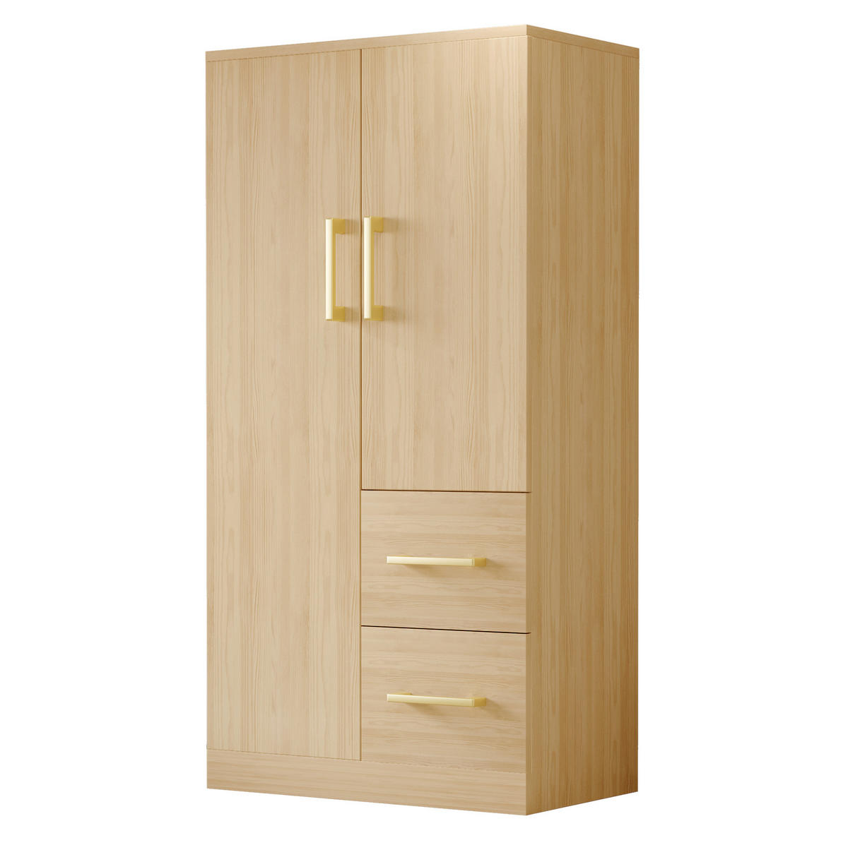 KLEIDERSCHRANK Holz, Doppeltür mit 2 Schubladen & Staufach, 70/40/135 cm, Naturholz - Naturfarben, Holz (70/135/40cm) - Redom