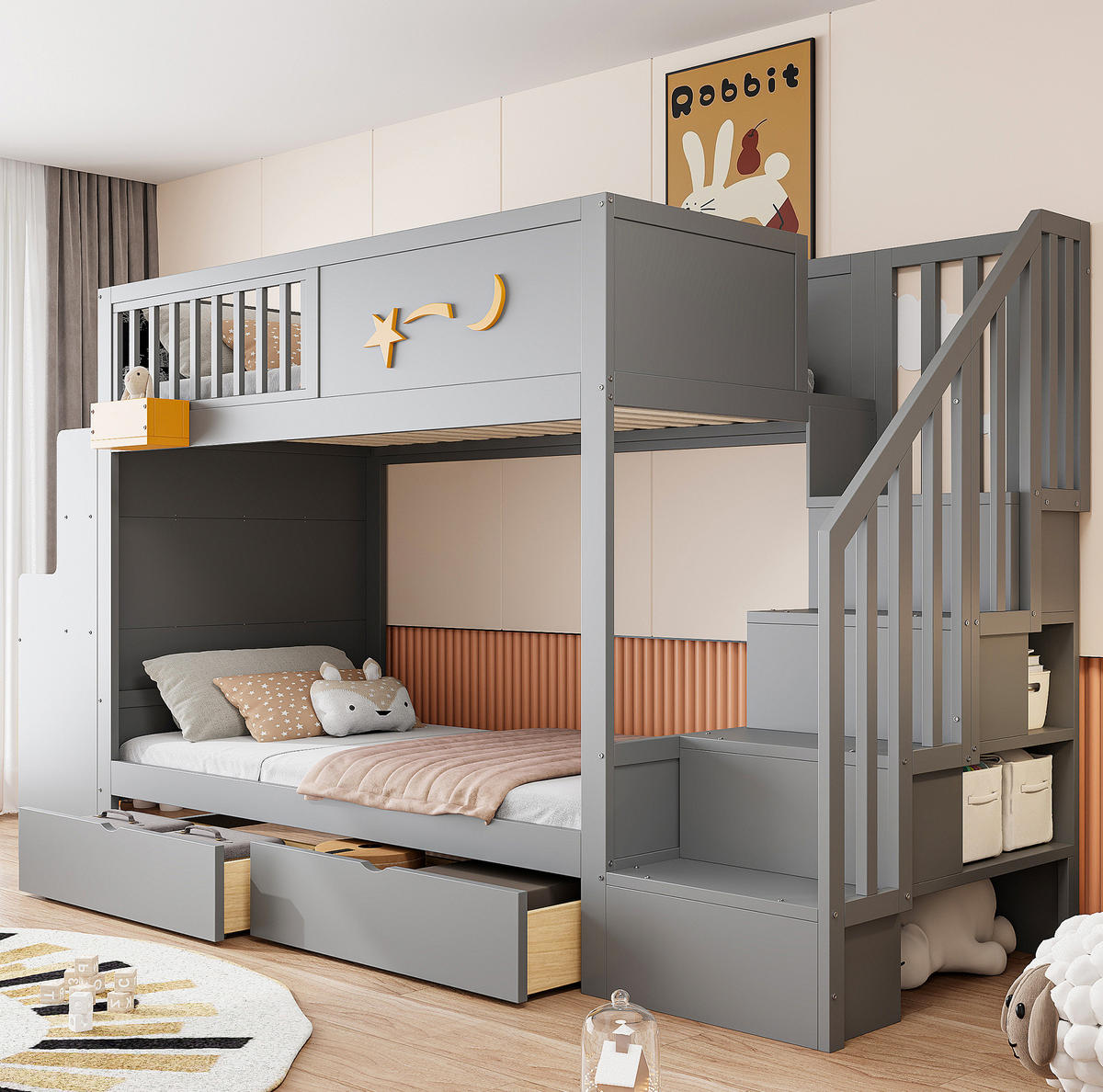 PALANDA 90/200 cm s pracovním stolem, úložnými zásuvkami a bezpečnostním schodištěm, Šedá - šedá, kompozitní dřevo (90/200cm) - Redom