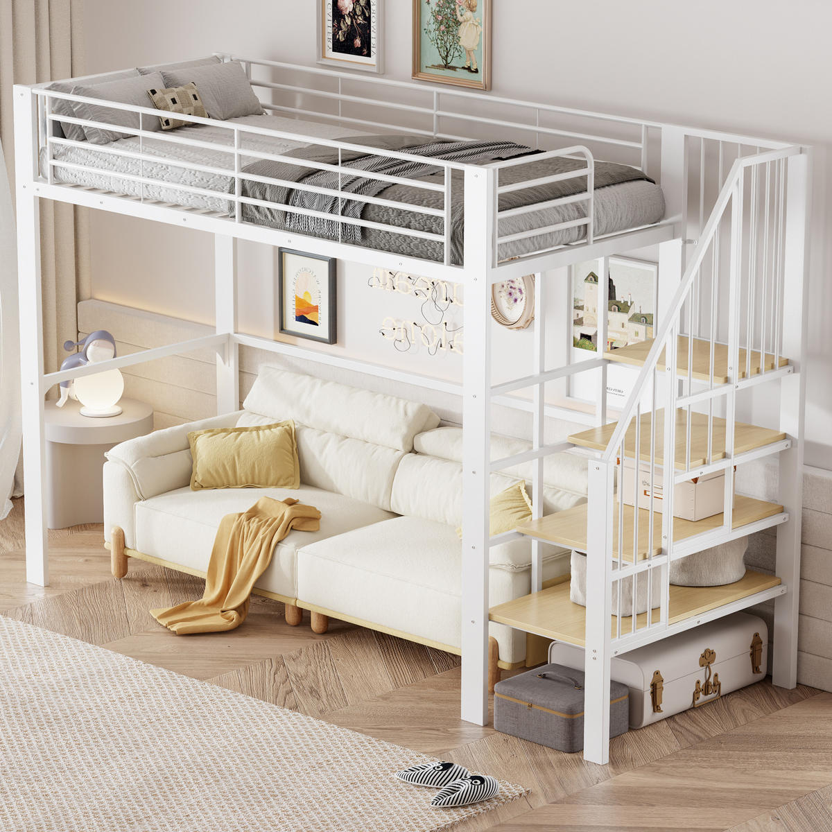 HOCHBETT 90/200 cm in Weiß mit Treppe und Stauraum - Weiß, Holzwerkstoff/Metall (90/200cm) - CHICFURN