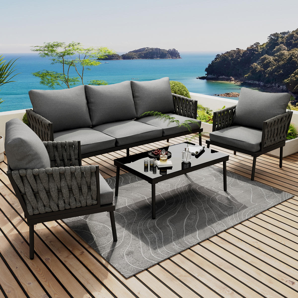 GARTENLOUNGE-SET 4-teilig mit 3-Sitzer-Sofa, 2 Sesseln, Glastisch und Seilarmlehnen aus verzinktem Stahl, Grau - Grau, Textil - Redom