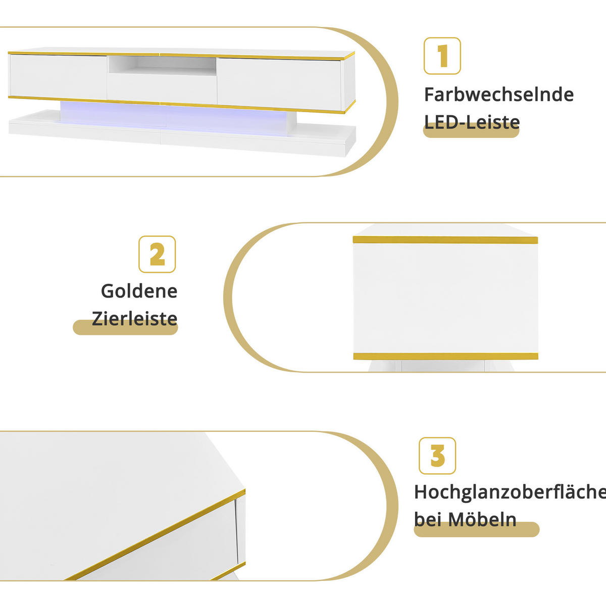 LOWBOARD 180/38/45 cm in Weiß mit Gold aus Holzwerkstoff mit LED-Beleuchtung - Weiß, Holzwerkstoff (38/45/180cm) - OKMYHOME