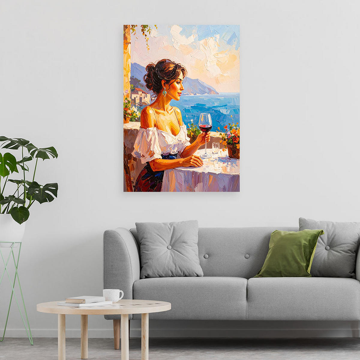 LEINWANDBILD Porträt Frau Wein Landschaft 60x90cm - Beige, Textil (60/90cm) - Feeby