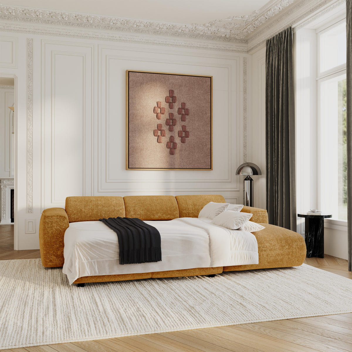 ECKSCHLAFSOFA Geprägter Samt Senf 283cm - Dunkelgelb, Textil (283/180cm) - Sia Home