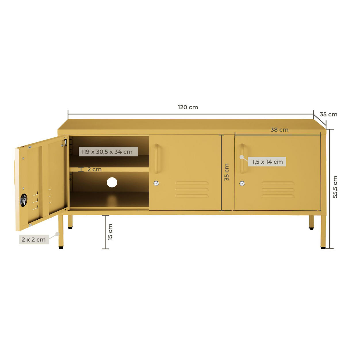 SIDEBOARD Baker, Kippschutz, höhenverstellbare Füße, gelb - Gelb, Metall (120/55.5/37.5cm) - tectake