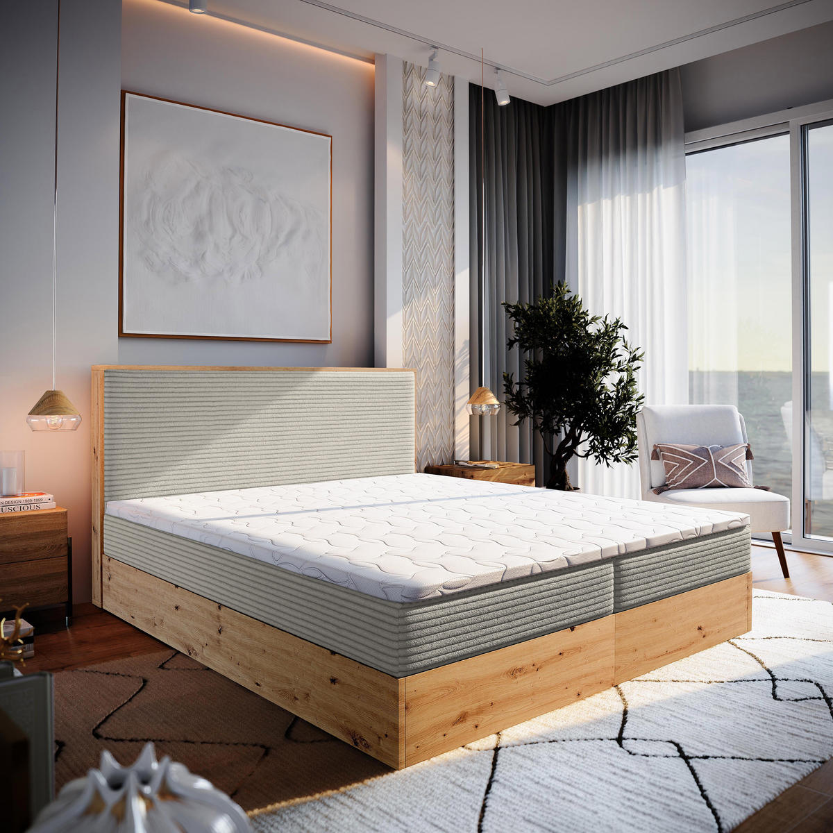 POSTEL BOXSPRING VERDON 140x200 cm, s matrací a úložným prostorem, béžová - béžová, kompozitní dřevo/textil (140/200cm) - MASSENO