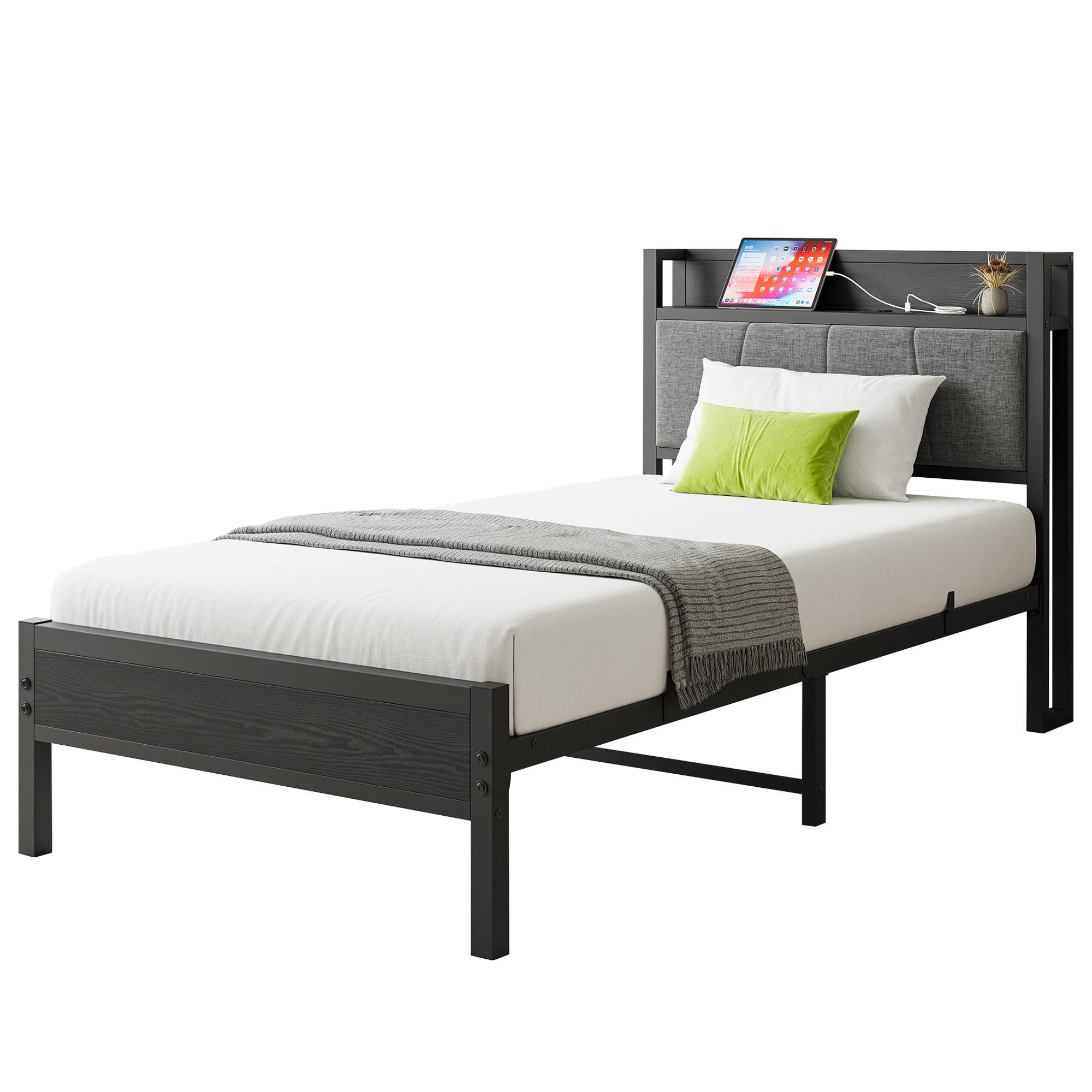 METALLBETT 90/200 mit Gepolstertes Kopfteil und Steckdose Jugendbett ohne Matratze, 27 cm Bodenfreiheit - Schwarz/Grau, Holzwerkstoff/Textil (90/200cm) - STILVORA