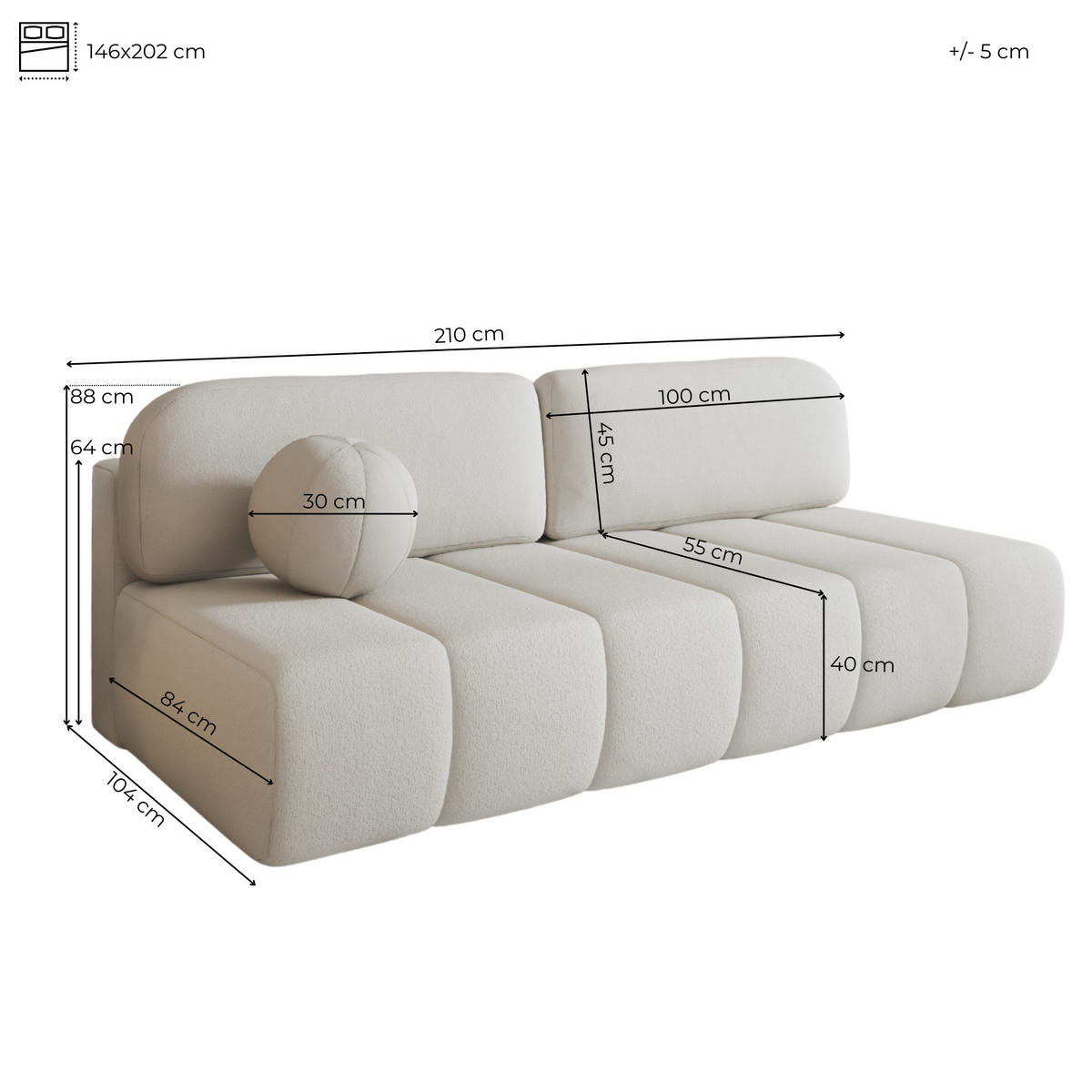SCHLAFSOFA - Fluffy - Creme (Anthology 20) - Creme, Holz (210/88/104cm) - Möblo